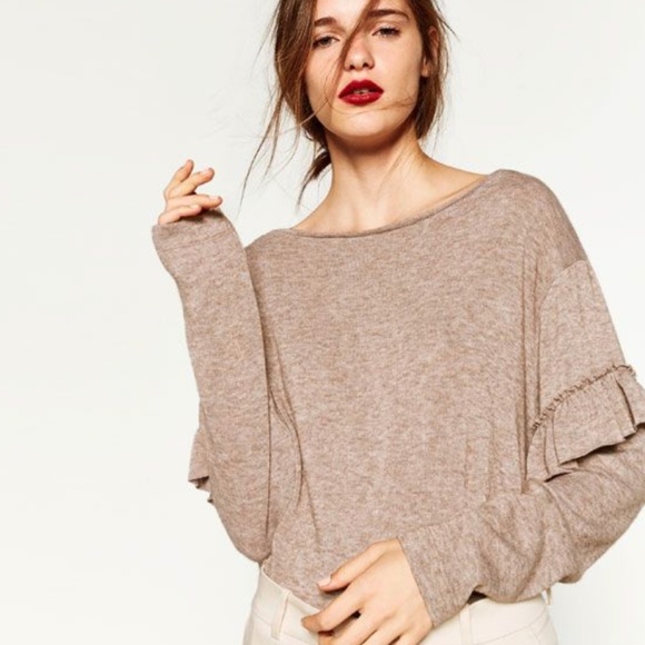 Zara Sweaters - Zara • Tan Knit Ruffle Sleeve Sweater Top